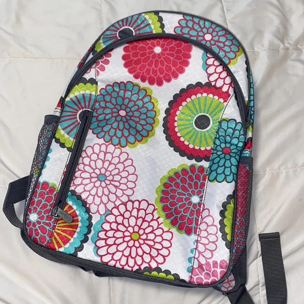 thirty-one Floral Pattern White Backpack with Pink, Teal, Lime, and Gray Accents